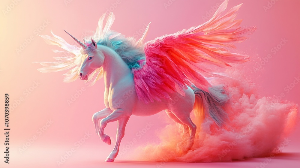A majestic white unicorn with pink and blue wings is poised to take flight. A majestic white unicorn with pink and blue wings is poised to take flight.