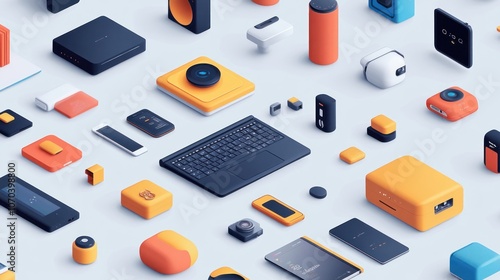 Wallpaper Mural An isometric view of a collection of modern technology devices, including laptops, smartphones, smart home devices, speakers, and cameras. Torontodigital.ca
