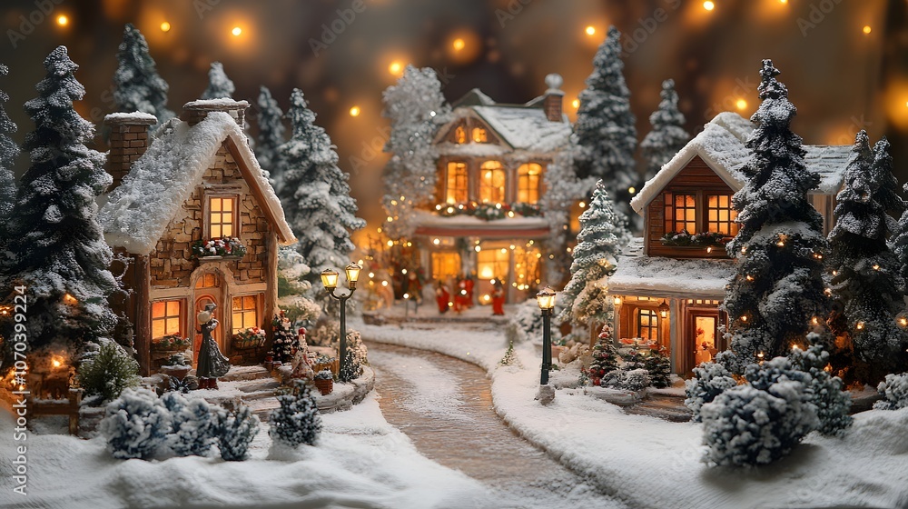 Fototapeta premium Charming winter village scene with snow-covered houses and twinkling lights.