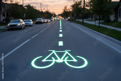 Bike Lanes with Motion-Activated Lighting | Smart City Design, Eco-Friendly Transportation, Nighttime Cycling, Sustainable Urban Infrastructure, Safe Commuting photo