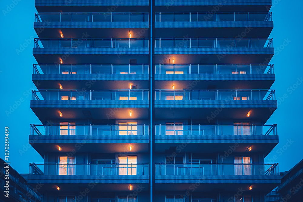 Modern residential building at dusk with illuminated balconies Modern residential building at dusk with illuminated balconies