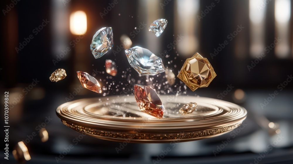Fototapeta premium Sparkling Diamonds Floating Above Plate