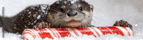 Delightful baby river otter with sleigh bells collar brings holiday cheer in snowy wonderland photo