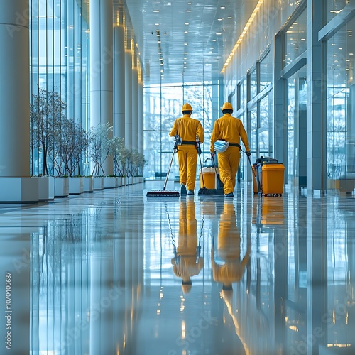 Professional cleaners efficiently maintain a pristine corporate environment with advanced techniques