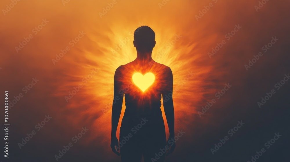 Silhouette of person with bright heart shining through chest at sunset Silhouette of person with bright heart shining through chest at sunset