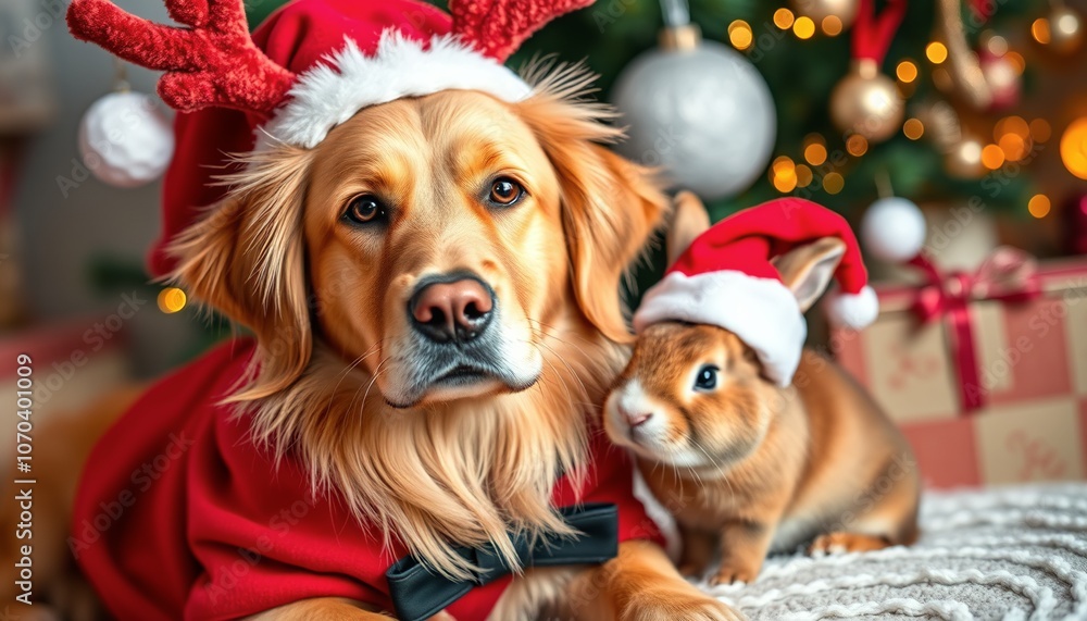 ゴールデンレトリバーとウサギの仲良しクリスマス ゴールデンレトリバーとウサギの仲良しクリスマス