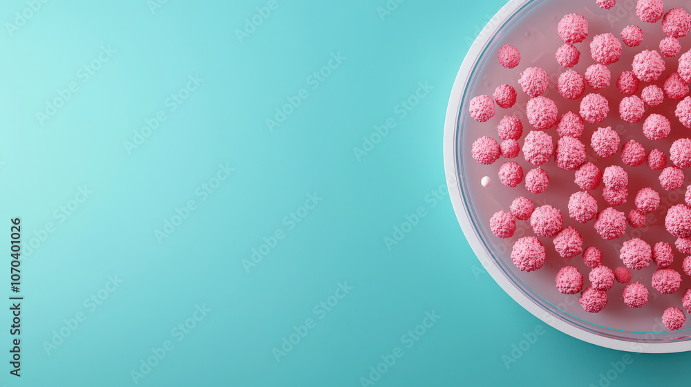 3D rendering of pink bacteria in petri dish on blue background, showcasing vibrant colors and intricate details. This captures essence of microbiology and scientific exploration 3D rendering of pink bacteria in petri dish on blue background, showcasing vibrant colors and intricate details. This captures essence of microbiology and scientific exploration