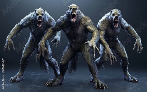 Three fierce werewolf creatures in a dramatic pose, menacing and ready for action against a dark background. photo