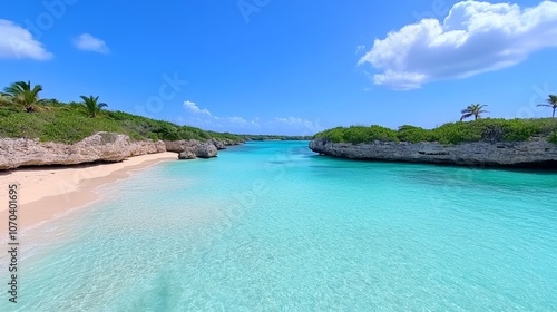 Idyllic Tropical Beach Turquoise Water White Sand Lush Coastline