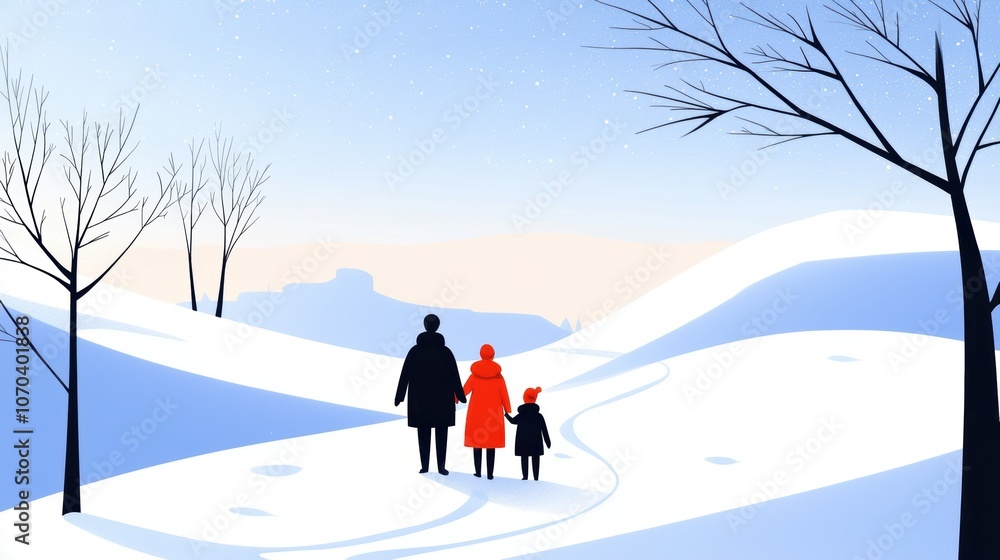 Family bundled up on a snowy hike, admiring the wintery landscape and frozen trees around them, with copy space for text Family bundled up on a snowy hike, admiring the wintery landscape and frozen trees around them, with copy space for text