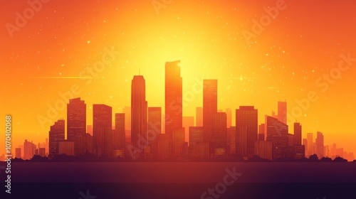 Silhouette of a modern city skyline at sunset.