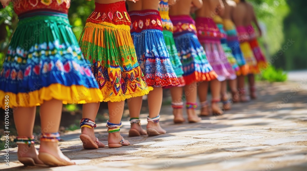 Fototapeta premium A group of women in colorful skirts and anklets walk in a line on a cobblestone path.