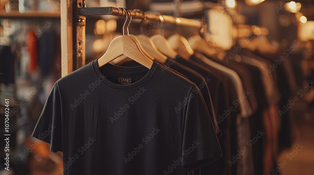 Black t shirt on hanger in dimly lit room, showcasing stylish display of clothing. warm lighting creates cozy atmosphere, perfect for shopping Black t shirt on hanger in dimly lit room, showcasing stylish display of clothing. warm lighting creates cozy atmosphere, perfect for shopping