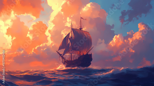A majestic sailing ship with billowing sails navigates through choppy waters under a dramatic sky. Majestic. Illustration