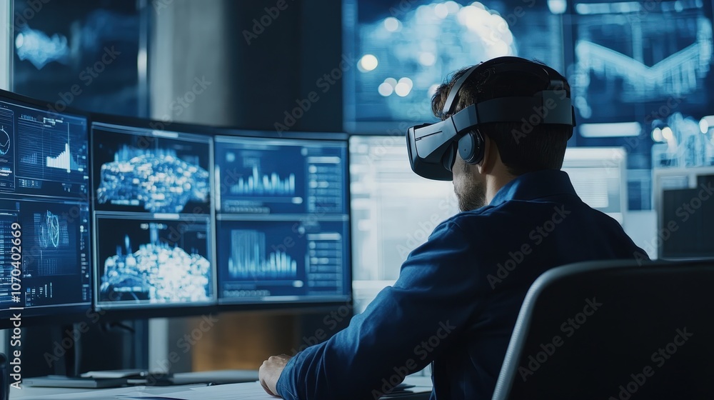 A man seated at his desk wearing a VR headset, using virtual reality to analyze data or documents in a professional setting. A man seated at his desk wearing a VR headset, using virtual reality to analyze data or documents in a professional setting.
