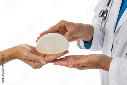 Close-up of a doctor handing a silicone breast implant to a patient, illustrating consultation for cosmetic surgery or breast augmentation options.
