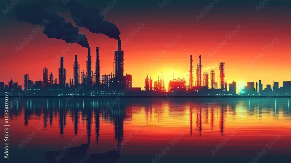 A silhouette of an industrial cityscape at sunset with smoke stacks emitting pollution, reflected in the water. A silhouette of an industrial cityscape at sunset with smoke stacks emitting pollution, reflected in the water.