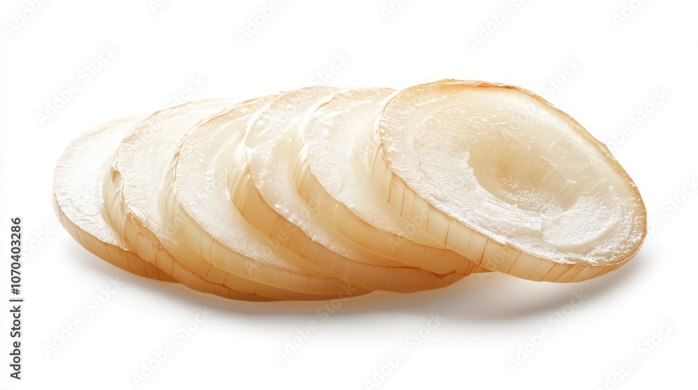 Sliced onion pieces arranged neatly on a white background. Sliced onion pieces arranged neatly on a white background.