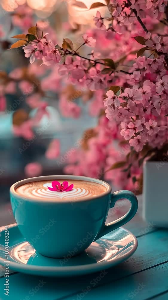 A blue cup of coffee sits on a blue table, adorned with a pink flower A blue cup of coffee sits on a blue table, adorned with a pink flower