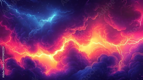 A vibrant abstract background of a stormy sky with lightning bolts illuminating dark clouds in hues of pink, red, blue, and yellow.