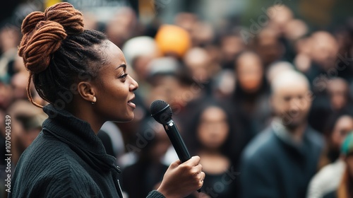 Woman speaking to crowd with microphone, focus on speaker