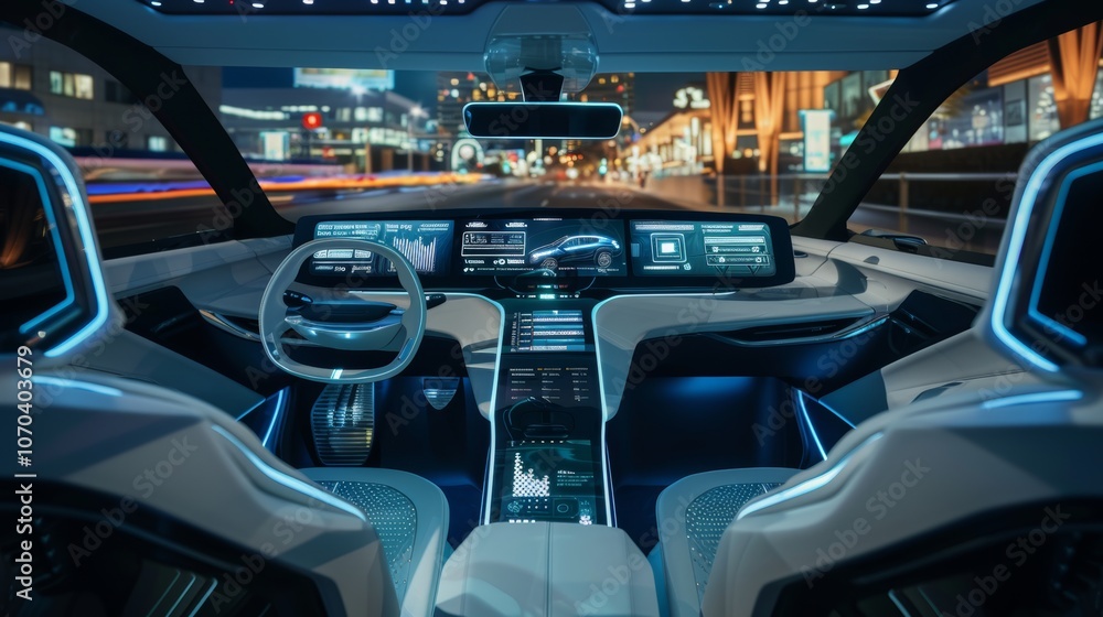 A modern car interior with advanced digital displays and ambient lighting during a nighttime drive in a bustling cityscape A modern car interior with advanced digital displays and ambient lighting during a nighttime drive in a bustling cityscape