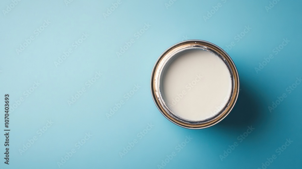 A top-down view of a can filled with milk on a blue background. A top-down view of a can filled with milk on a blue background.