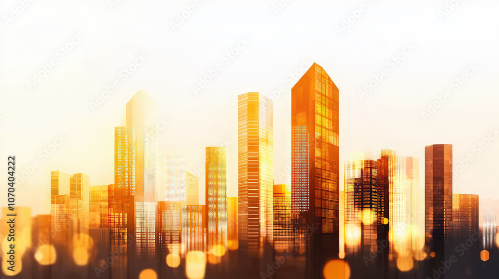 Fototapeta premium Futuristic cityscape with towering skyscrapers glowing in warm light, creating vibrant and dynamic atmosphere