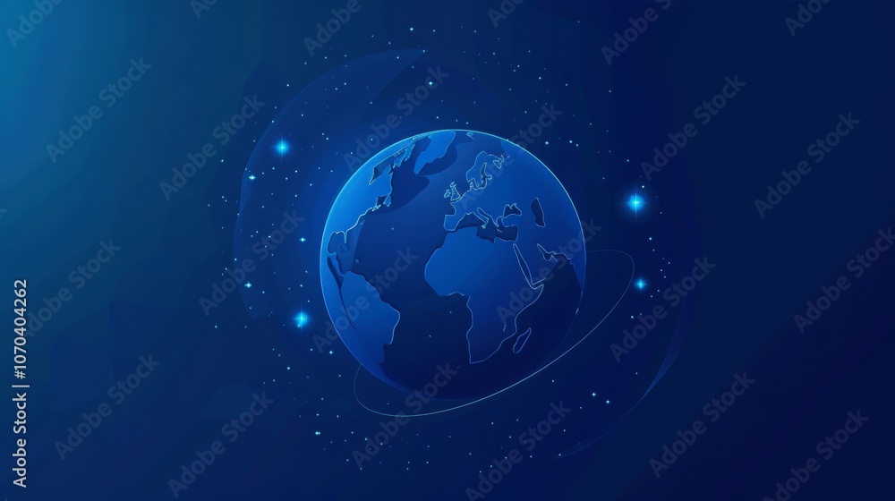 Serene blue gradient earth illustration with glowing horizon lights for reflecting peace theme Serene blue gradient earth illustration with glowing horizon lights for reflecting peace theme