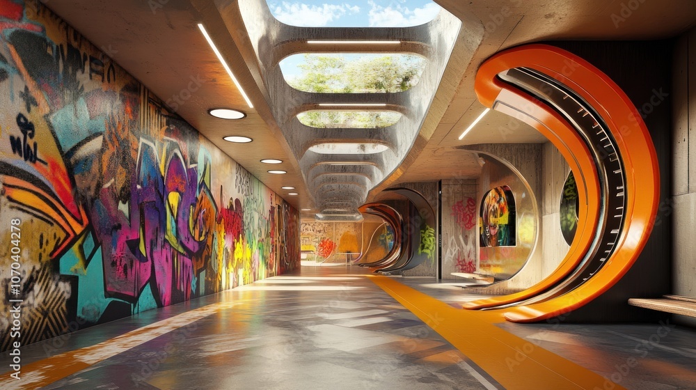 Modern Futuristic Tunnel with Graffiti Art Modern Futuristic Tunnel with Graffiti Art