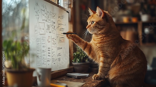 Curious cat engages with whiteboard ideas in cozy creative workspace