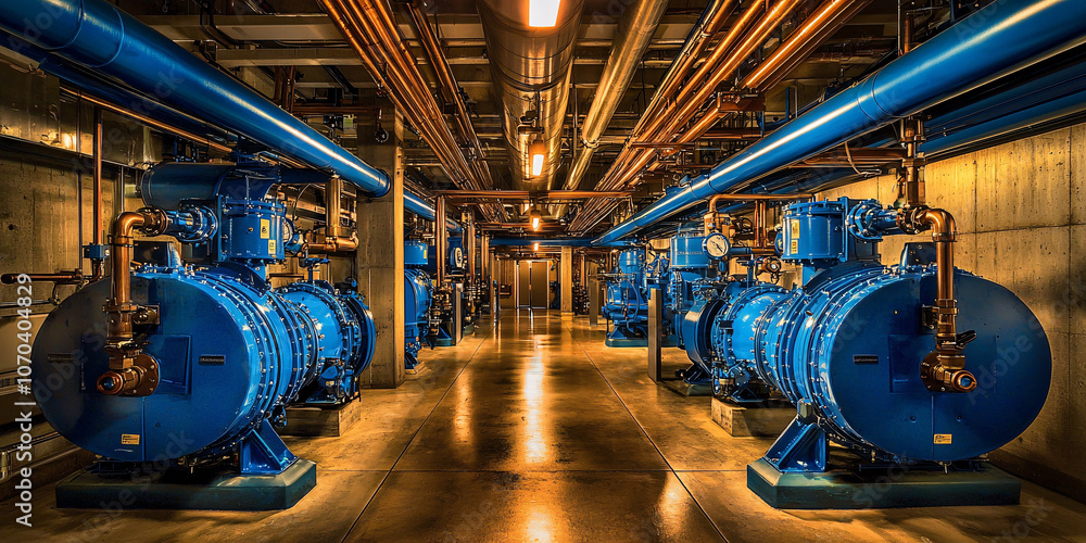 Obraz premium Large industrial boiler room with blue machinery and pipes, showcasing complex network of equipment and infrastructure. space is well lit, emphasizing metallic surfaces and organized layout