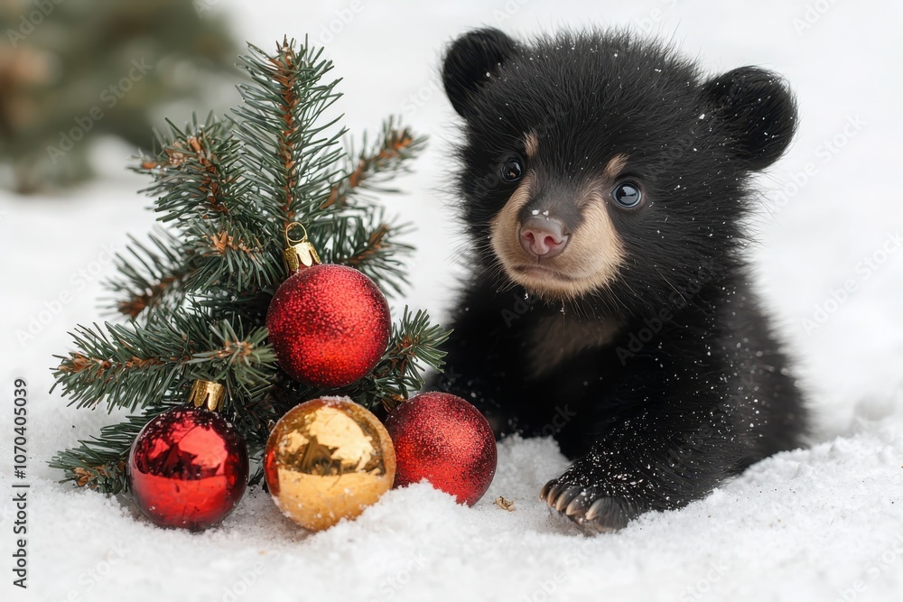 Tiny bear cub joyfully sits beside a small festive tree adorned with colorful ornaments Tiny bear cub joyfully sits beside a small festive tree adorned with colorful ornaments