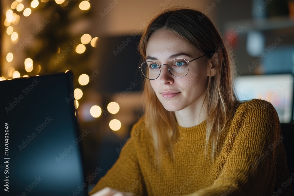 Focused Woman Works Late, Festive Lights Gleam, Cozy Night. Focused Woman Works Late, Festive Lights Gleam, Cozy Night.