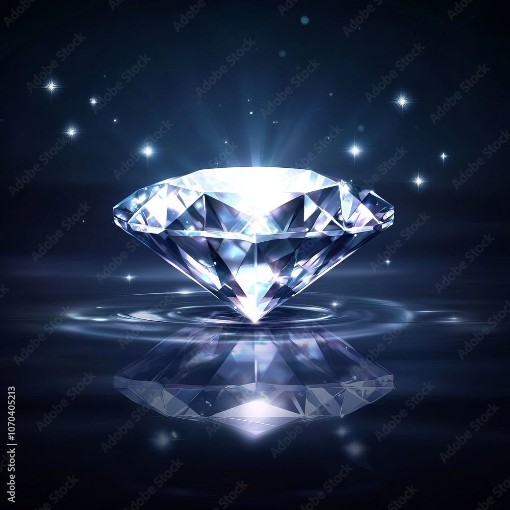 A large, brilliant diamond sits on a dark blue surface, reflecting light and casting a glow. A large, brilliant diamond sits on a dark blue surface, reflecting light and casting a glow.
