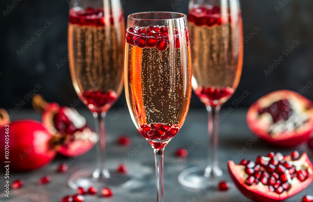 Three glasses of champagne with pomegranate seeds are on a table with whole and cut pomegranates. The glasses are full of sparkling wine and the pomegranates are a vibrant red Three glasses of champagne with pomegranate seeds are on a table with whole and cut pomegranates. The glasses are full of sparkling wine and the pomegranates are a vibrant red