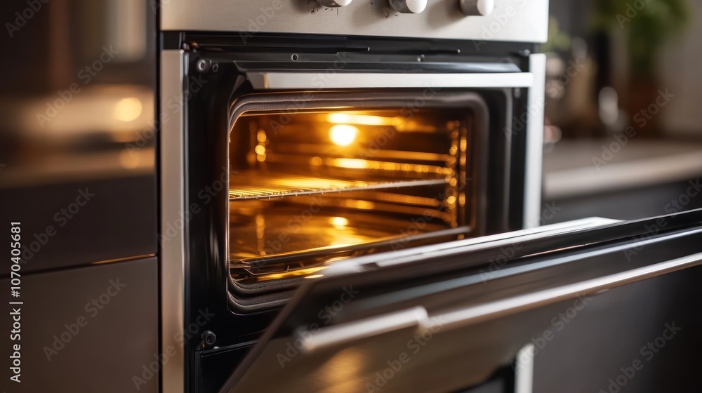 A modern oven with an open door, revealing a warm, illuminated interior. A modern oven with an open door, revealing a warm, illuminated interior.