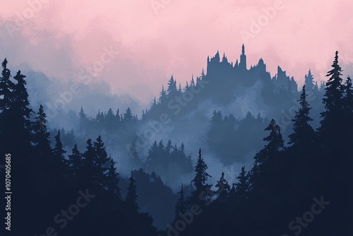 Misty Forest with Distant Castle: Minimalist D&D Background