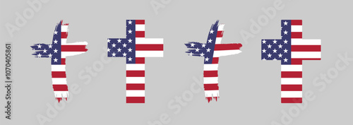 Set of creative crosses with US flag inside and clipping mask. Isolated design. Christian ministry branding concept. Charity project identity design. Sunday school logo design element. Clip art icons.