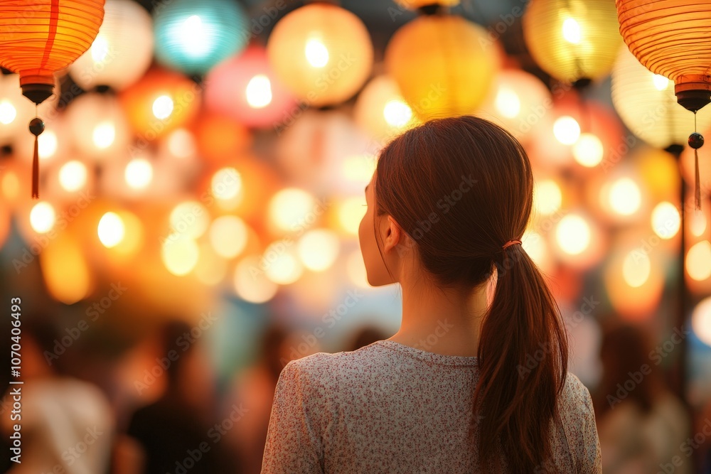 Mesmerized by glowing lanterns, a woman's silhouette stands out against a vibrant night market backdrop. Mesmerized by glowing lanterns, a woman's silhouette stands out against a vibrant night market backdrop.