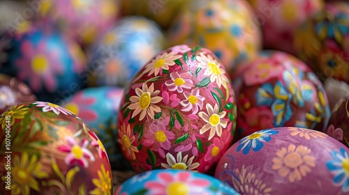 Vibrant Painted Easter Eggs with Floral Detail in Stunning Close-Up --ar 16:9 --style raw Job ID: feaab630-4fc4-4d7c-99b6-d76d77c4f138