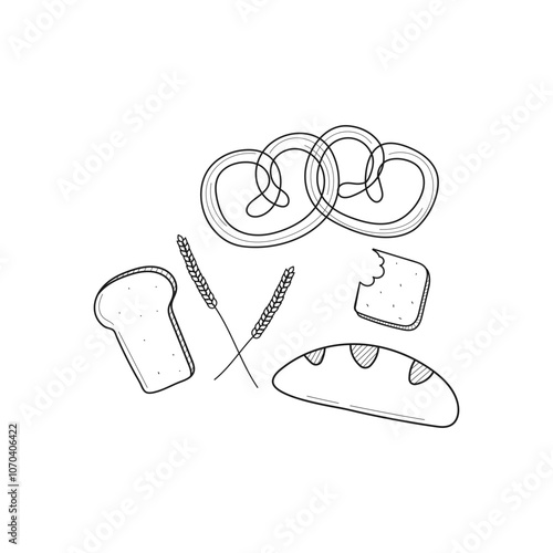 Bagel, sliced loaves of bread in doodle style. Hand drawn bakery vector illustration.