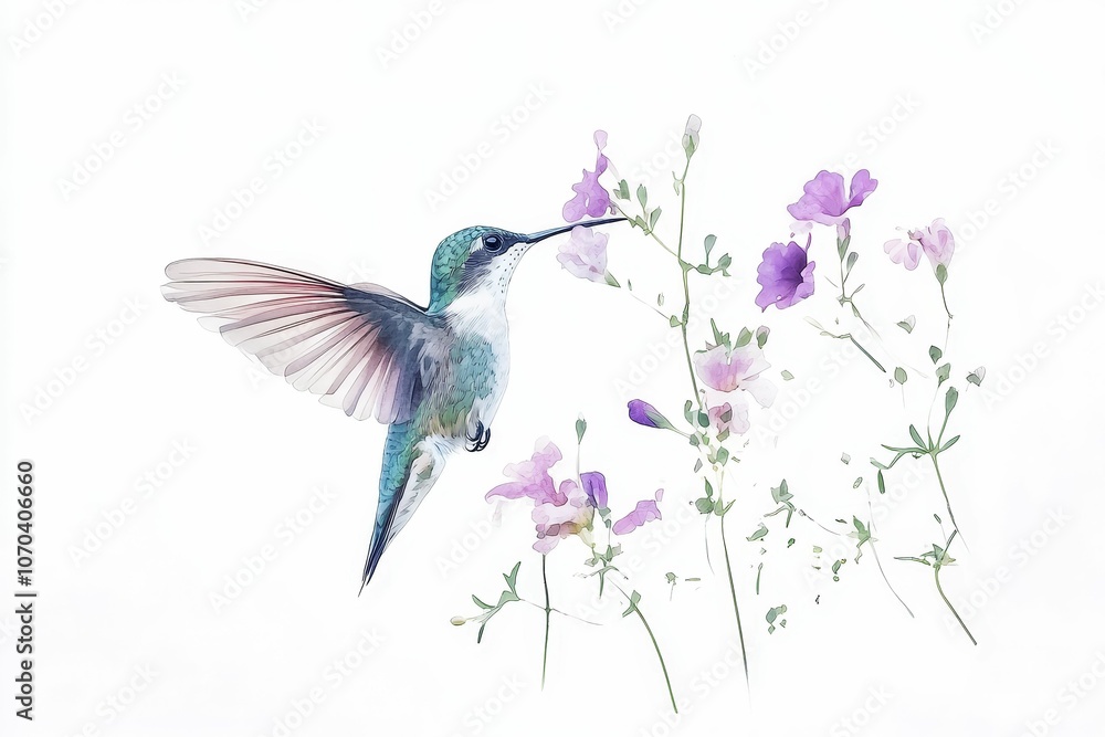Hummingbird hovers near purple flowers. Hummingbird hovers near purple flowers.