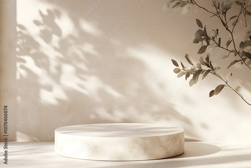 Beige background for product presentation with shadow of tropical palm leaves and light. Podium, stage pedestal platform for cosmetic product. Empty round podium. Mockup. Beige background for product presentation with shadow of tropical palm leaves and light. Podium, stage pedestal platform for cosmetic product. Empty round podium. Mockup.