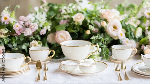 Sophisticated brunch setup adorned with goldrimmed crockery including sugar bowls and teacups highlighted by a gorgeous arrangement of fresh flowers