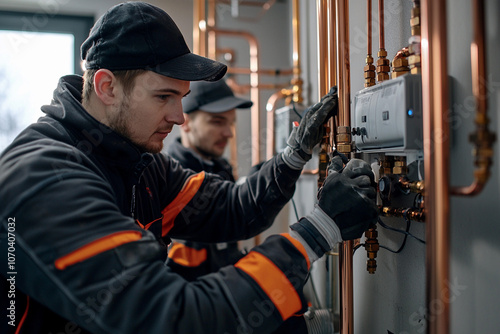 Expert technicians installing building heating systems