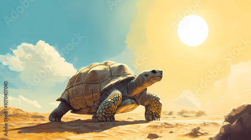 A majestic tortoise slowly moving across a sunlit sandy beach. Majestic. Illustration photo