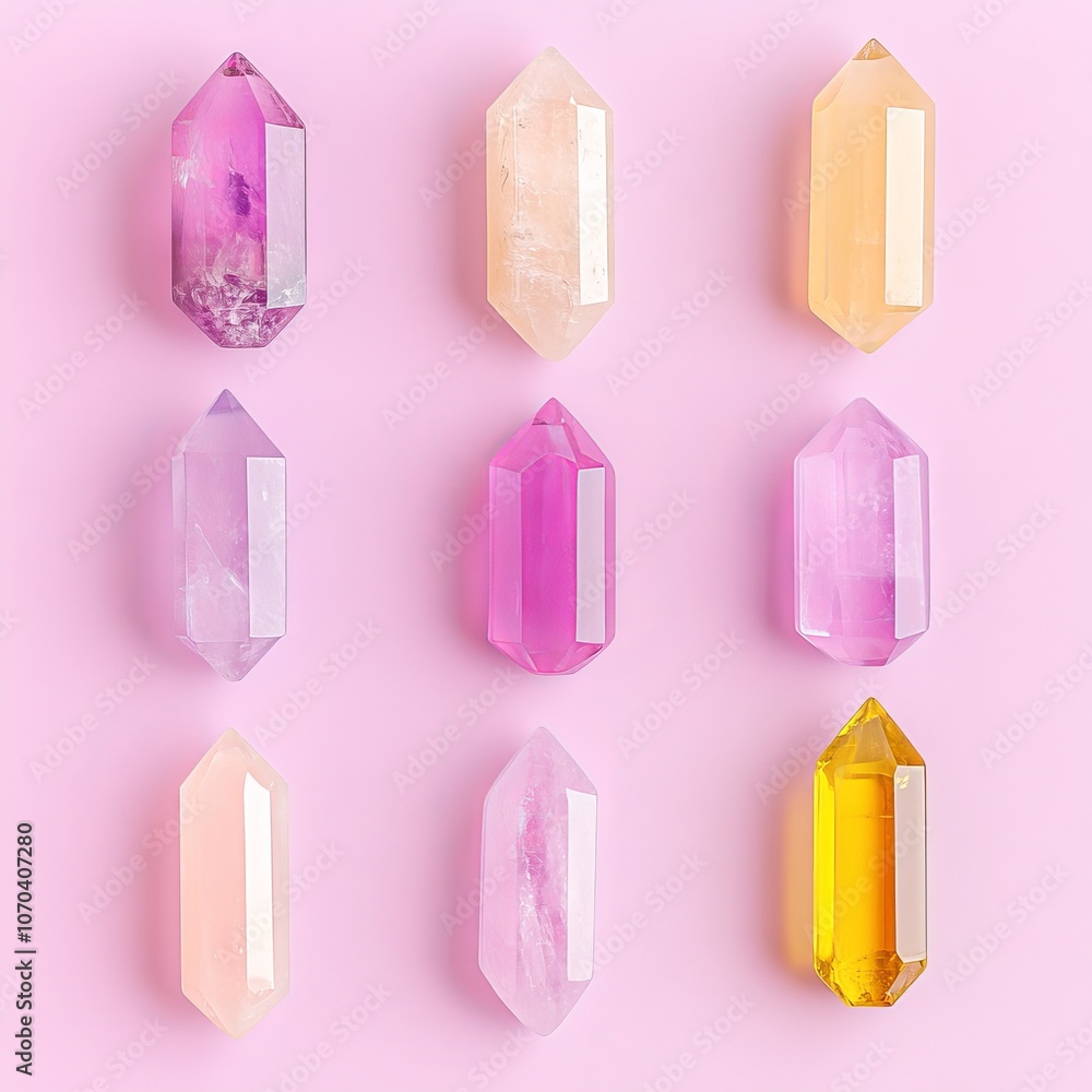 Nine colorful crystals arranged on pink background.