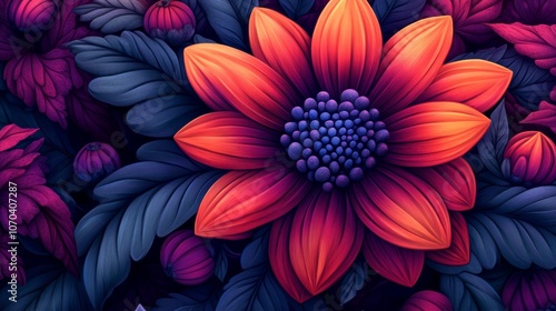 Vibrant Red Purple Flower Bloom Dark Floral Illustration Nature Background