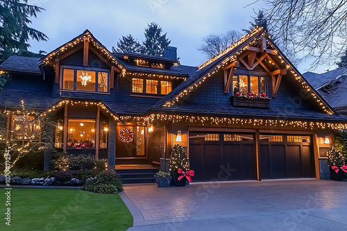 An inviting and visually appealing front view of the exterior of my home, featuring twinkling Christmas lights on its roofline and in the front yard, illuminating it with warm white light.  (27)